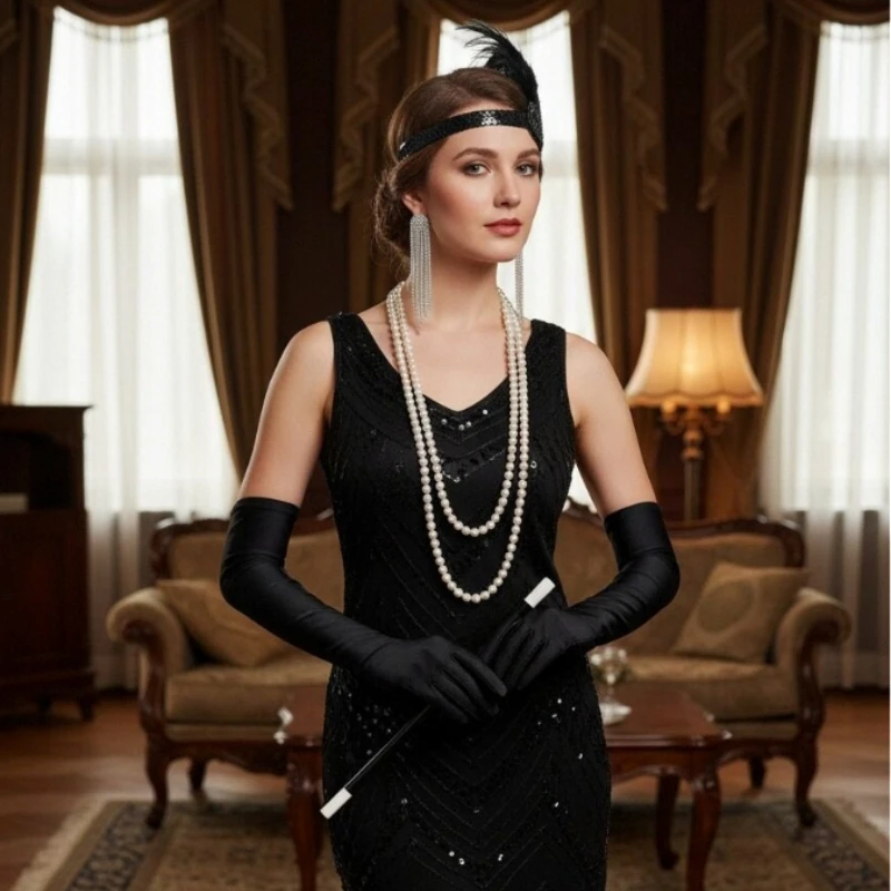 

Женский комплект аксессуаров из пяти предметов 1920-х годов, серьги с кисточками, повязки на голову с перьями, перчатки, ожерелья и т. д. подходит для переодевания вечеринок