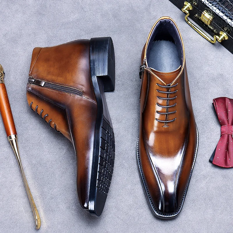 Leather Trend Dress Leather Boots Pointed Zipper High Top Leather Shoes