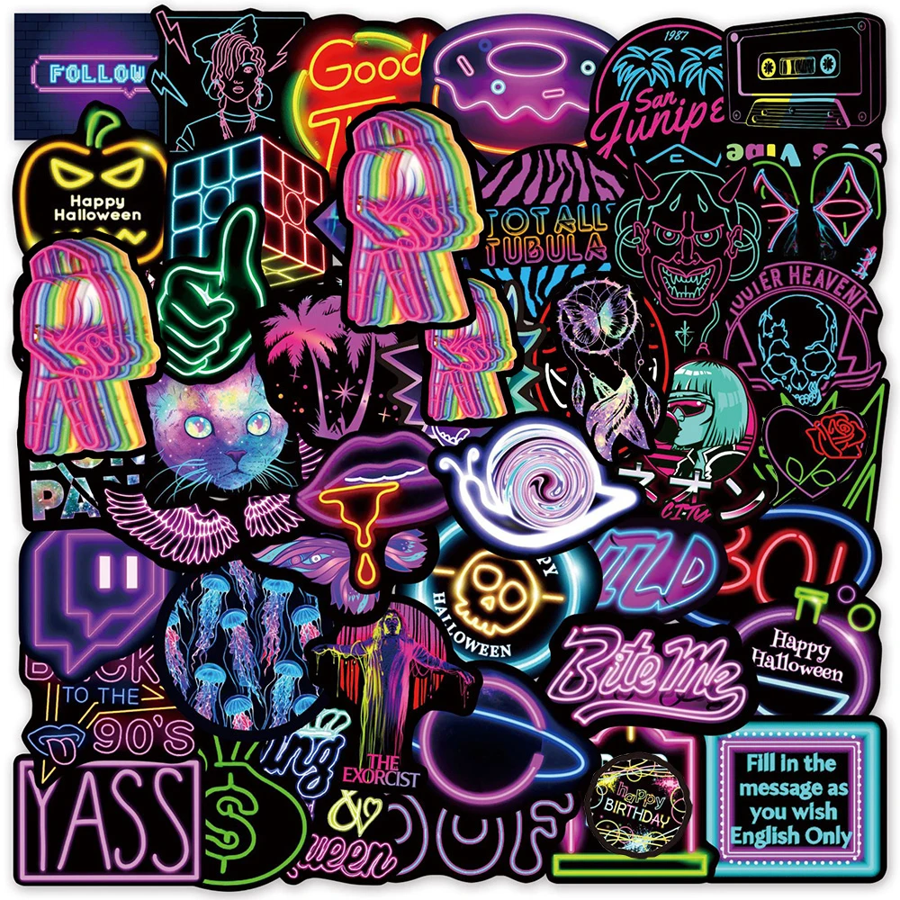10/30/50/100pcs Cool Neon Light Graffiti Stickers Funny Cartoon Pattern Sticker Waterproof DIY Laptop Scrapbook Phone Decals Toy
