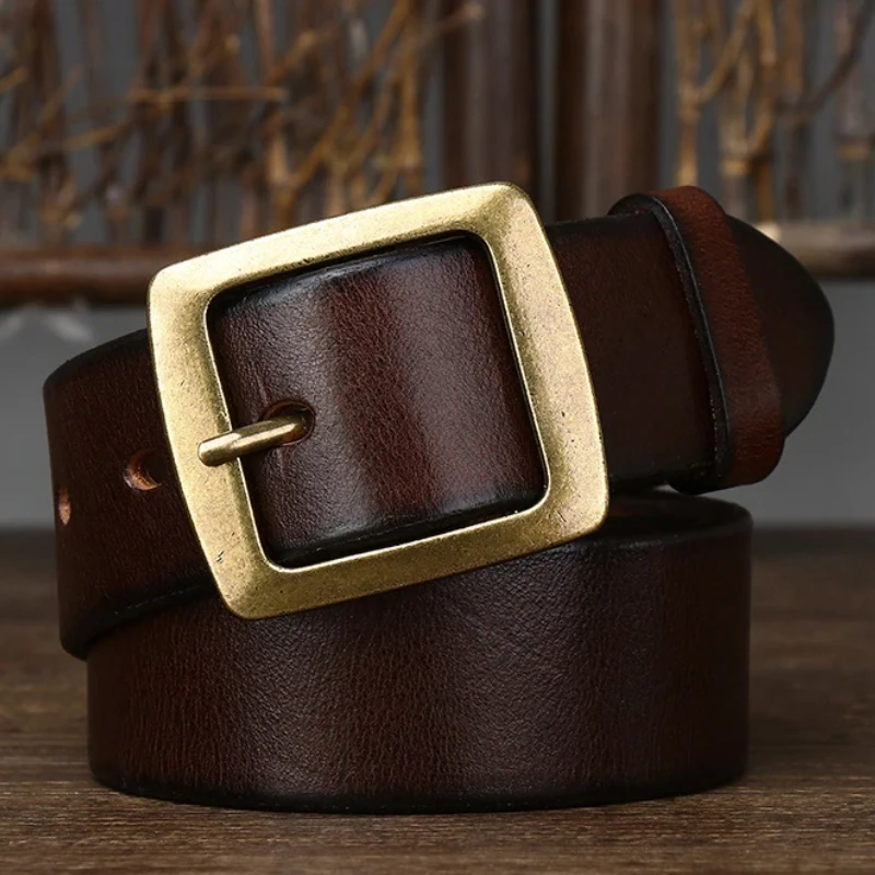 

3.8cm Width Thick Retro Cowhide Genuine Leather Belt for Men Solid Brass Copper Pin Buckle Belts Male Strap for Jeans