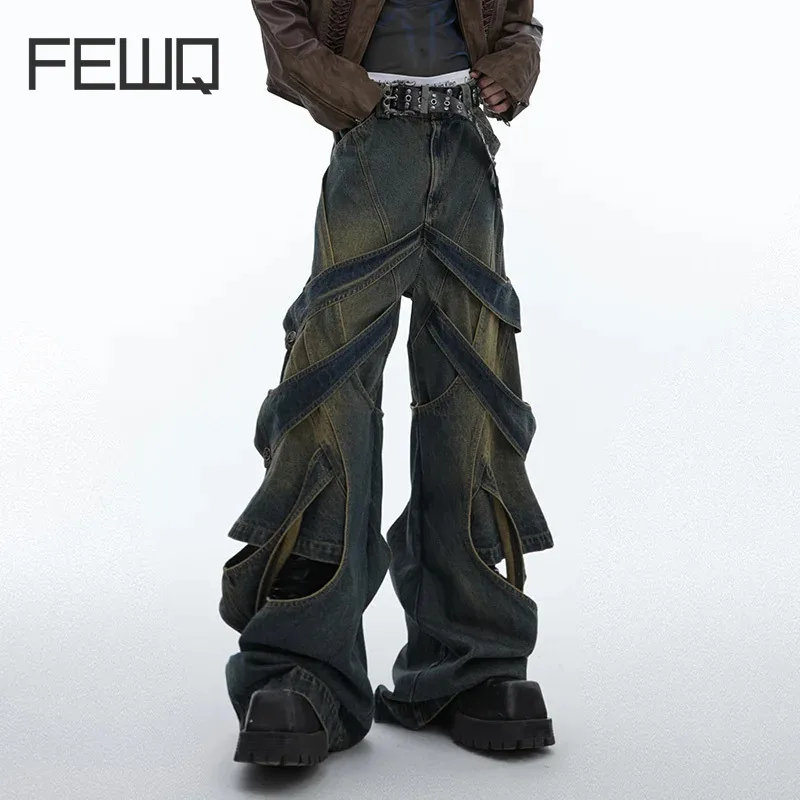 FEWQ Niche Deconstruction Wornout Washed Hollowed Out Jeans 2024 Vintage Pants Patchwork High Street Male Trousers 24E1535