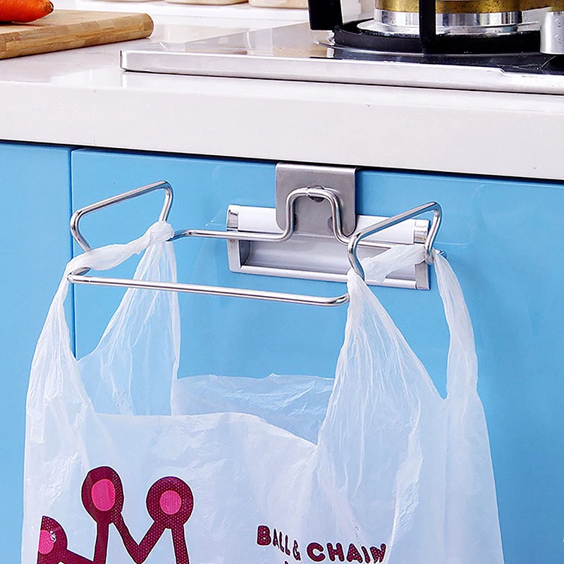 Stainless Steel Kitchen Trash Rack Cabinet Door Garbage Bags Holder Closet Garbage Storage Holder Towel Hanging Organizer