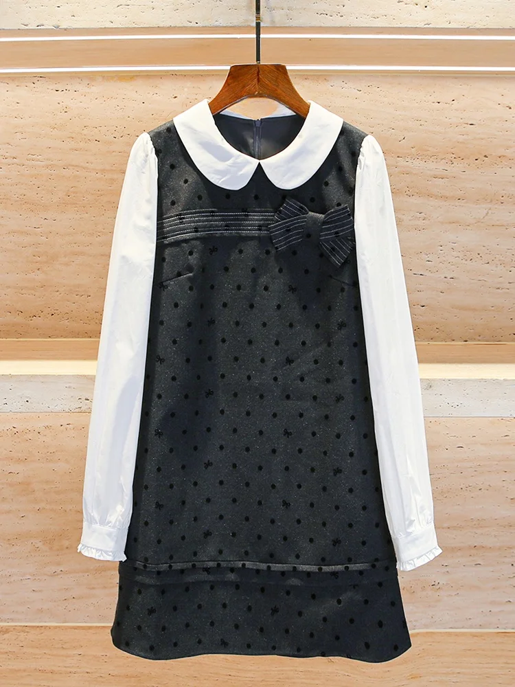 

High Waist A-Line Dr Polka Dot Bow Tie College Sle Doll Collar Autumn Winter High-End Women's Faion Dr