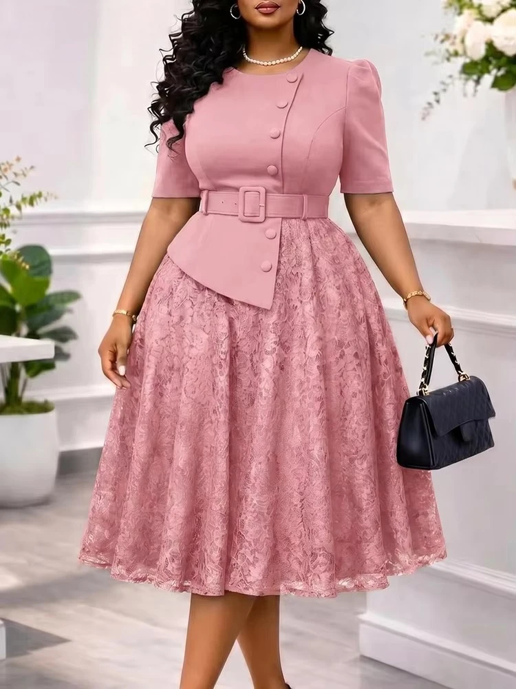 Mlaiscsr Classy Pink Mid Dress for Women Puff Sleeve A-Line Belted Waist Buttoned Top Floral Lace Overlay Dresses Brunch Church