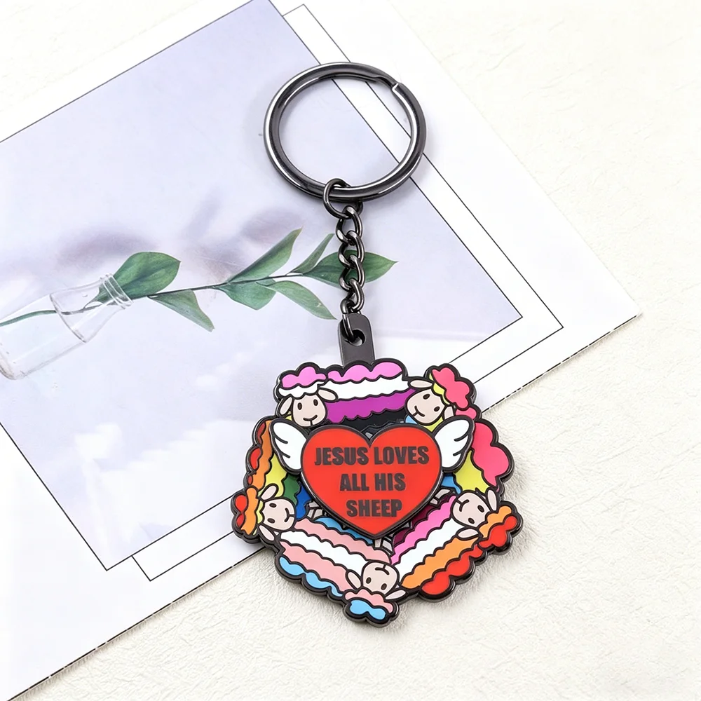 Jesus Loves All His Sheep Spinning Keychain Cute Sheep And Heart-Shaped Pendant Christian Keyring Religious Gift
