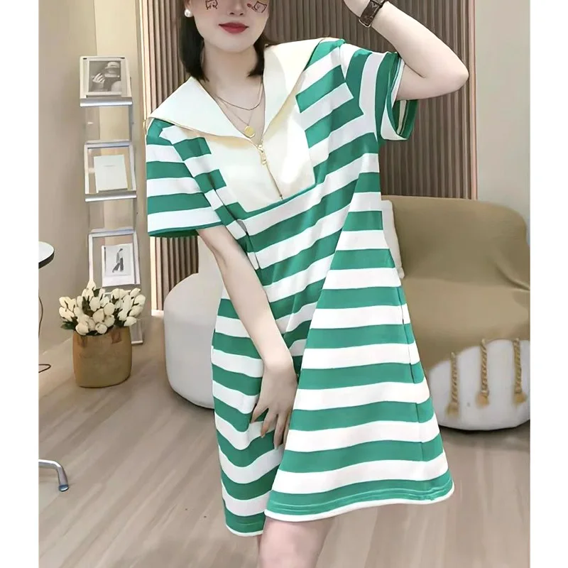 

Striped Summer Short Sleeve Belly Covering Dress Loose Fit Casual Lightweight Women's Fashion