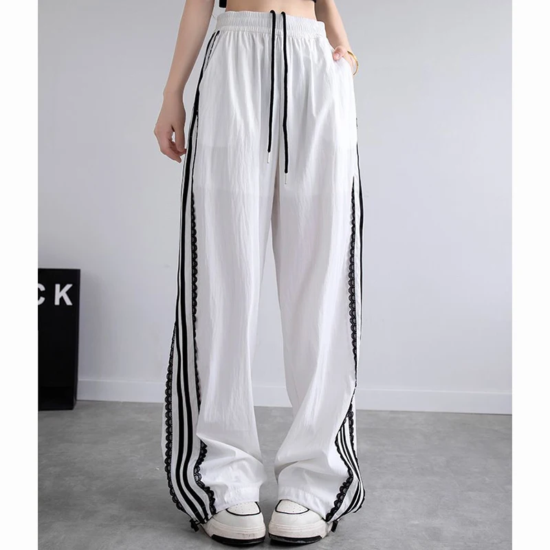 สาวเก๋ออกแบบกางเกงขาตรงเลดี้ถุงกางเกงแห้งเร็วหญิงลายเอวสูงกางเกงลําลอง