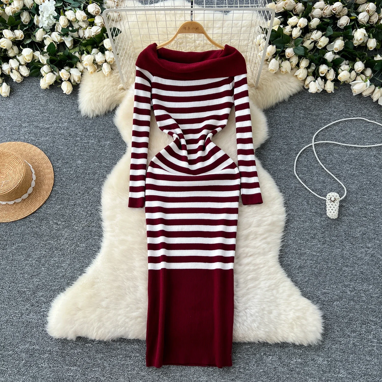 Chic Slash Neck Off Shouler Bodycon Knit Stripe Dress Long Sleeve Women Elegant Korean Fashion Vestidos Autumn Hip Wrap Dress