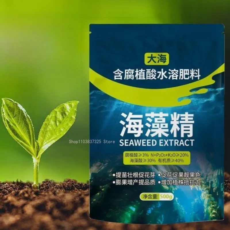 500 جرام مستخلص أعشاب بحرية عضوي عالي النقاء على شكل ورقة سوداء سماد قابل للذوبان في الماء يعزز نمو جذور النبات وتحسين التربة