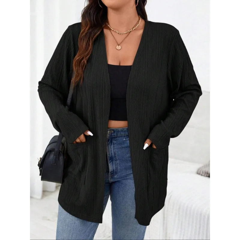 Plus Size 1XL-5XL Women's Solid Color Casual Pocket Long Sleeve Knitted Cardigan Women's Bottoming Open-Shirt