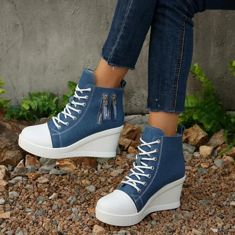 Fashion Denim Blue Canvas Shoes Women 2025 Autumn Metal Zip Decoration Lace Up Wedge Heel Pumps Casual High Heel Ankle Shoes view 5
