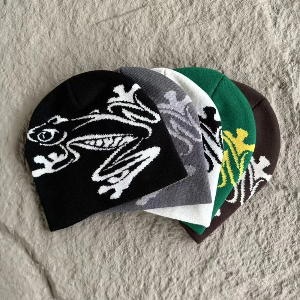 American Style Beanie For Men Women High Quality Embroidery Frog Pattern Hat 100%Cotton Daily Outdoor Stretchable Cap