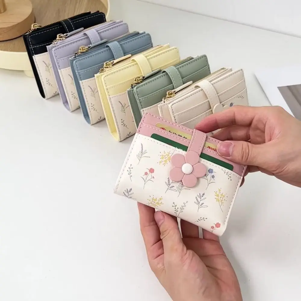 

Flowers Printed Mini Coin Purse PU Leather Multi-Cards Slot Women's Short Wallet Creative Zipper Small Card Bag Car Accessories