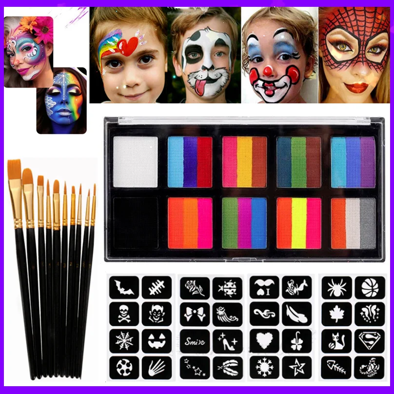 Face Body Paint Palette, Water Based Rainbow Palette Stripe Painting Set with Brushes, Christmas Halloween Cosplay Makeup Kit