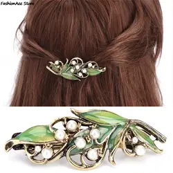 Fashion Women Retro Enamel Leaf Barrettes Ancient Bronze Alloy Hairpin Girls Folwer Hair Clip Pearl Hair Accessories