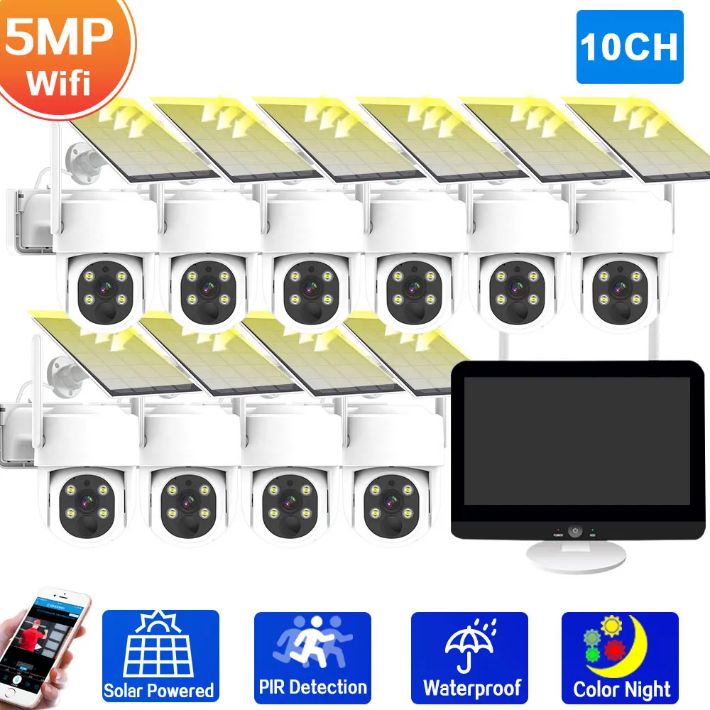 

8CH 5MP Solar Wireless CCTV Security Sytem 12.5 LCD Screen Monitor NVR Kit Wifi PTZ Cmaera Video Surveillance System Kit 10CH