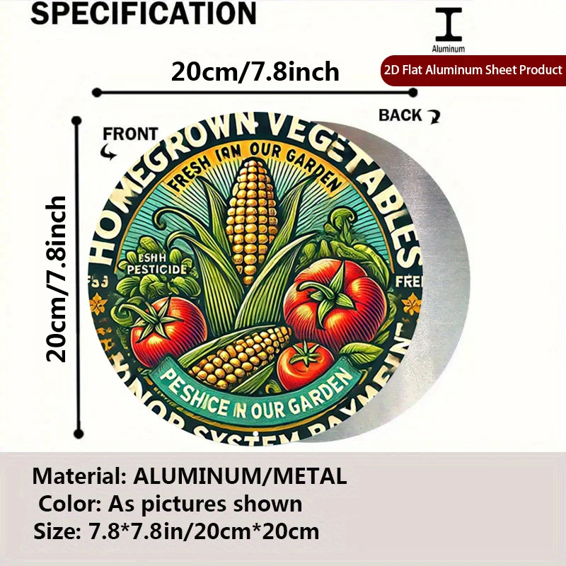2D Flat 1pc Vegetable Garden Sign, Fresh Produce Round Plaque, Vintage Style Rustic Metal Wall Art, Metal Decor, Wall Decor Sign