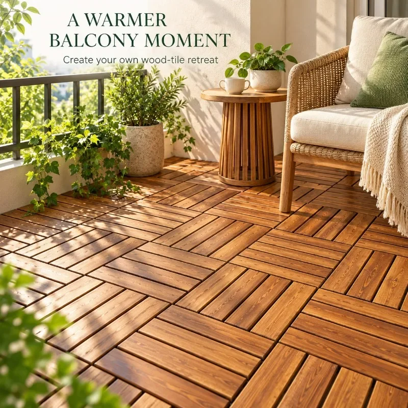 Carbonized Solid Wood Outdoor Decking Tiles Interlocking Waterproof Floor for Garden Patio Balcony Terrace DIY Installation