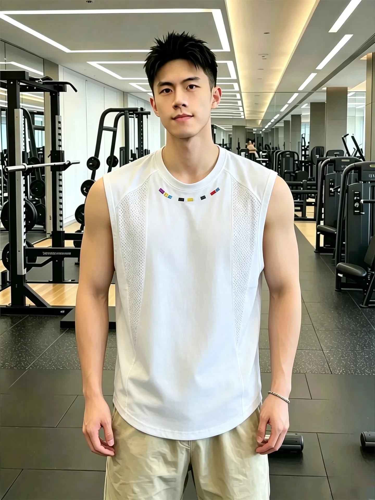 Breathable Embroidered Mesh Men's Tank Top Small Collar Deconstructed Patchwork Sleeveless T-Shirt Sporty Shoulder Sweatshirt