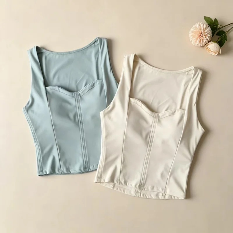 Yoga Crop Tank Top Women V Square Neck Slim Shaping Workout Vest Removable Padding Breathable Soft Stretch Summer Sleeveless