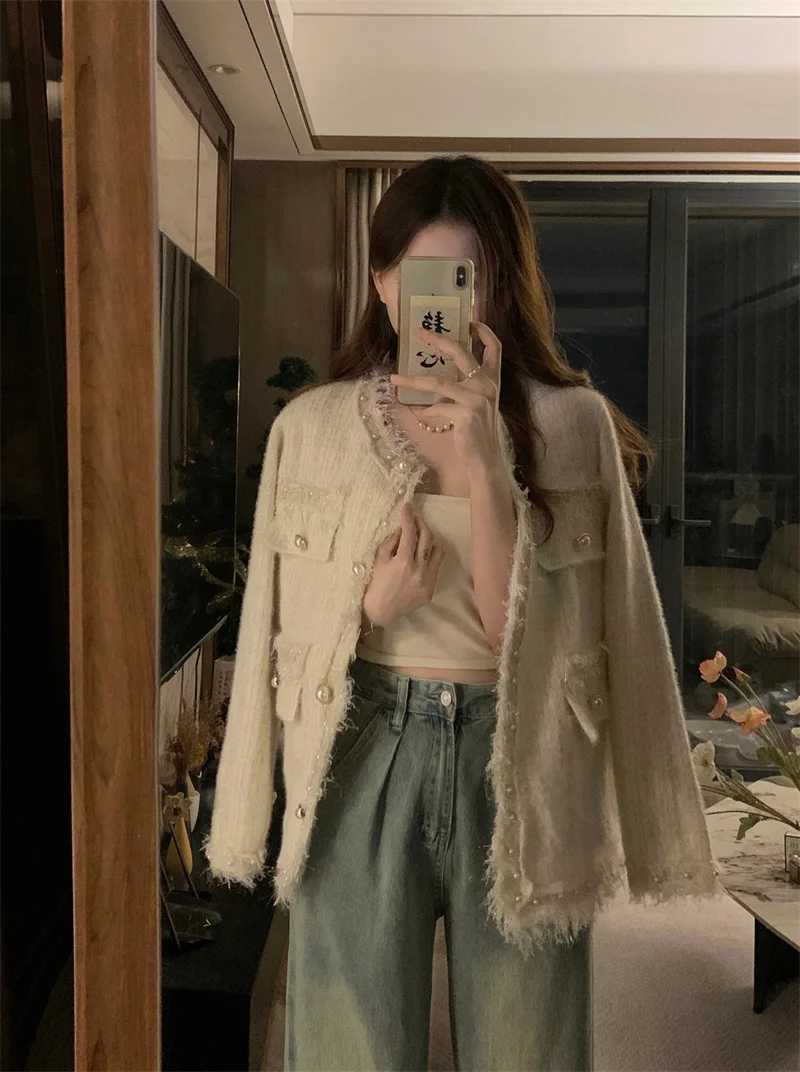 

Tweed Jacket Elegant Womens Winter Collared Flaps Adjustable Full-Length Classic Anti-Wind Fleeced Anti-Freezing Coldproof Daily