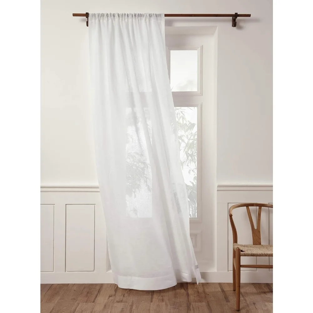 

white linen sheer curtain 96 inch - 100% pure linen european flax window treatment panel 52 x 96 inch - light filtering rod poc