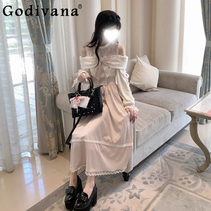

Autumn Elegant Gentle Pink Off Shoulder Dress for Women Lolita Style Sweet Bow Design Long Dress Girls Princess Lace Dress