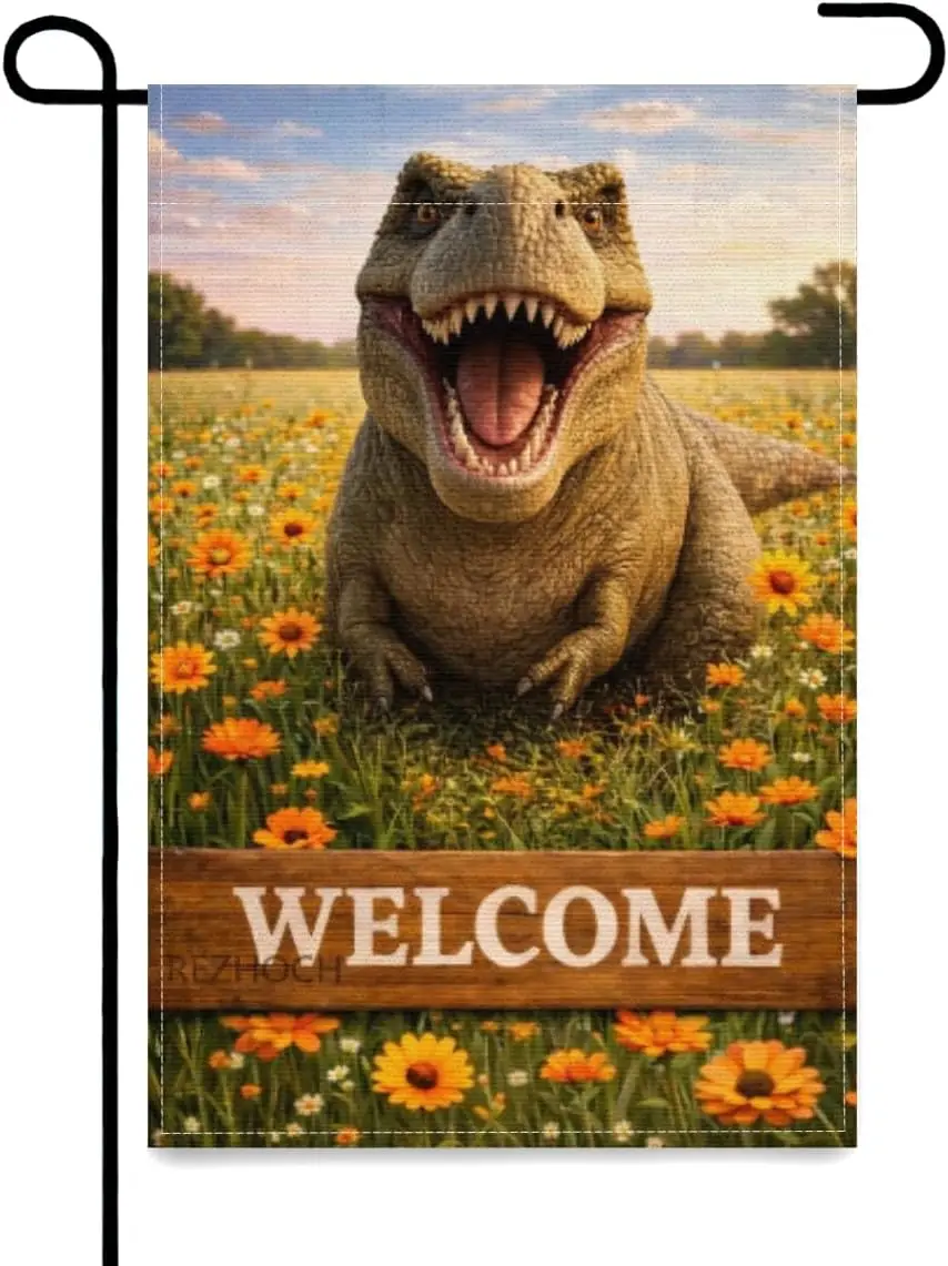 Spring Summer Funny Tyrannosaurus Rex Welcome Garden Flag Flowers Outdoor Cute Animal Yard Flags Double Sided Floral Home Ou MMZ