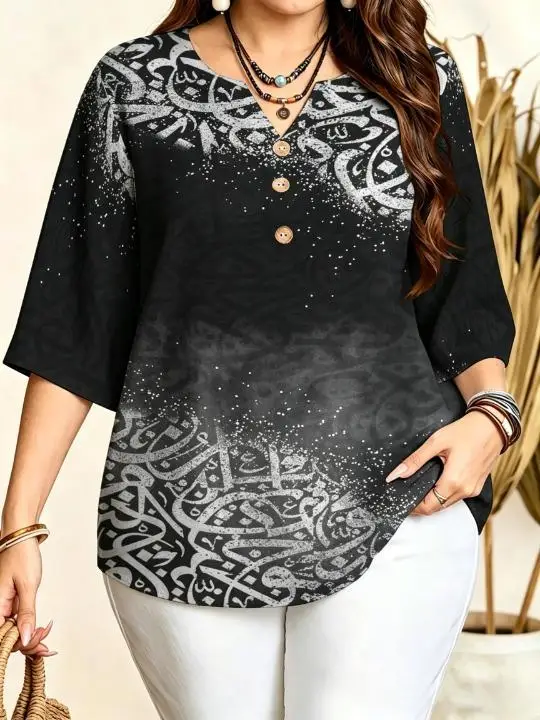 Women Gradient Arabic Art Calligraphy Print Blouse Notched Neck 3/4 Sleeve Loose Fit For Curvy Figures Daily Casual Ladies Tops