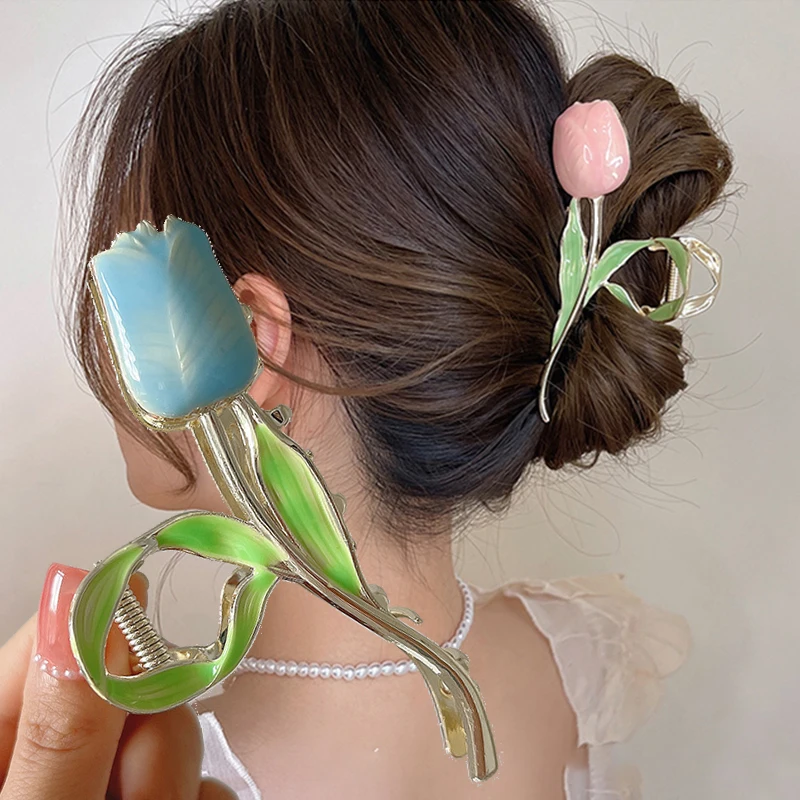 Women Metal Hair Claw Elegant Tulip Flowers Hair Clips Barrette Crab Headband Ponytail Clip Headwear Hair Accessories Tiara