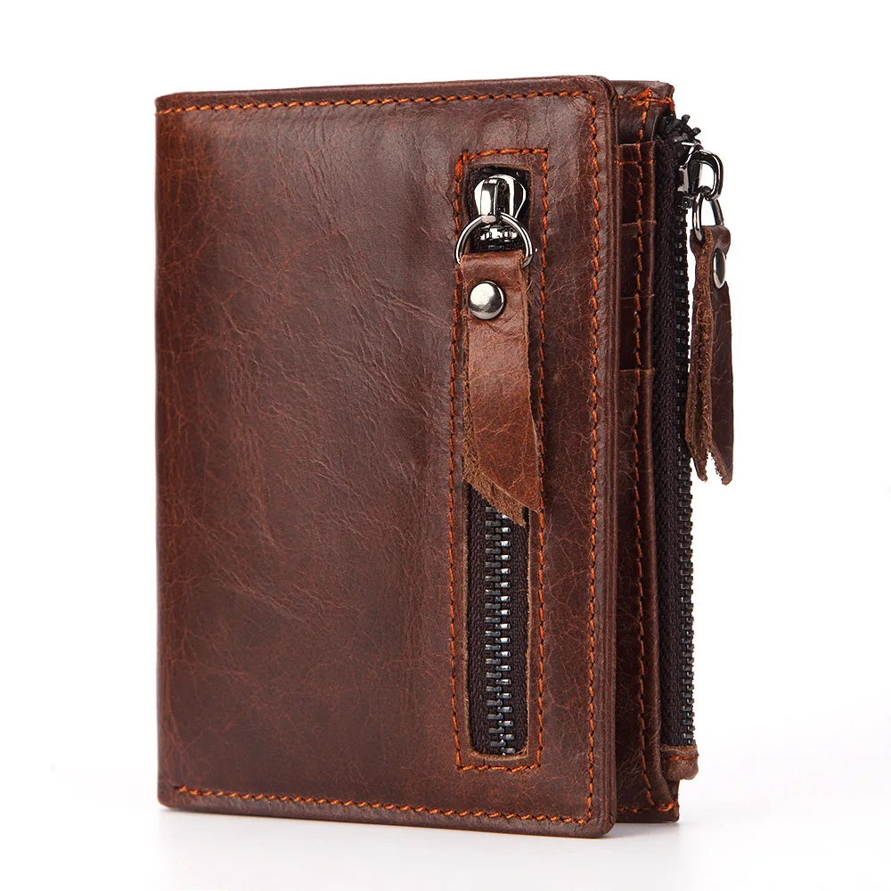 New High Quality Men Wallets Short Card Holder Genuine Leather Men Purse Double Zipper Coin Pocket Male Wallet