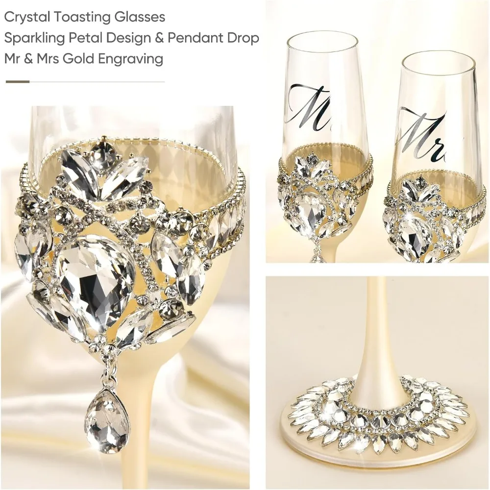 Flautas de champán de cristal de lujo con diamantes de imitación y colgante de pétalos de plata, cuchillo para pastel de boda hecho a mano y juego de servidor, pastel S