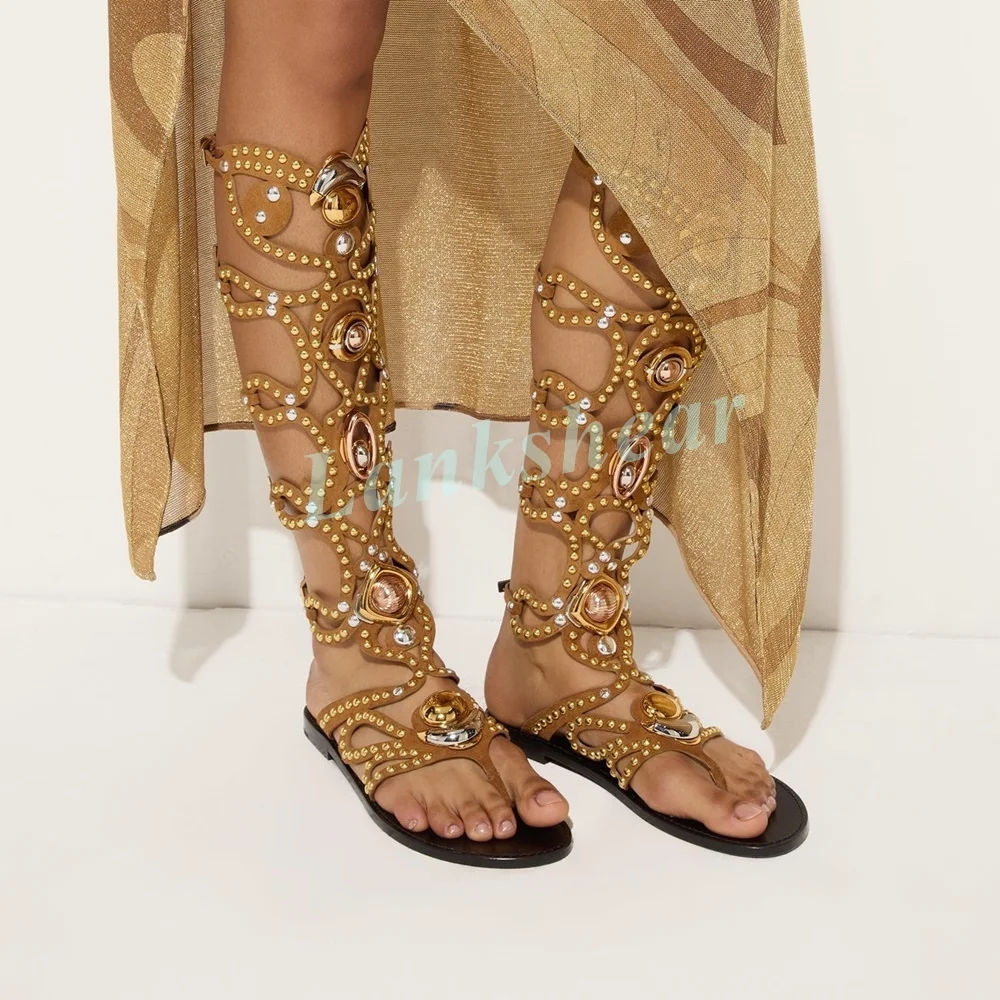 Cutout Knee High Gladiator Sandals Flat Boots for Ladies Flip Flop Thong Open Toe Hollow Wavy Strap Bohemian Statement Footwear