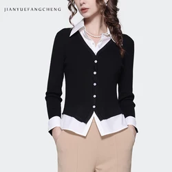 2023 Autumn Blouse Fake Two Piece Knitted Shirts Top Women's Slim Fit Spliced Design Cardigan Sweater Turn-down collar Shirt