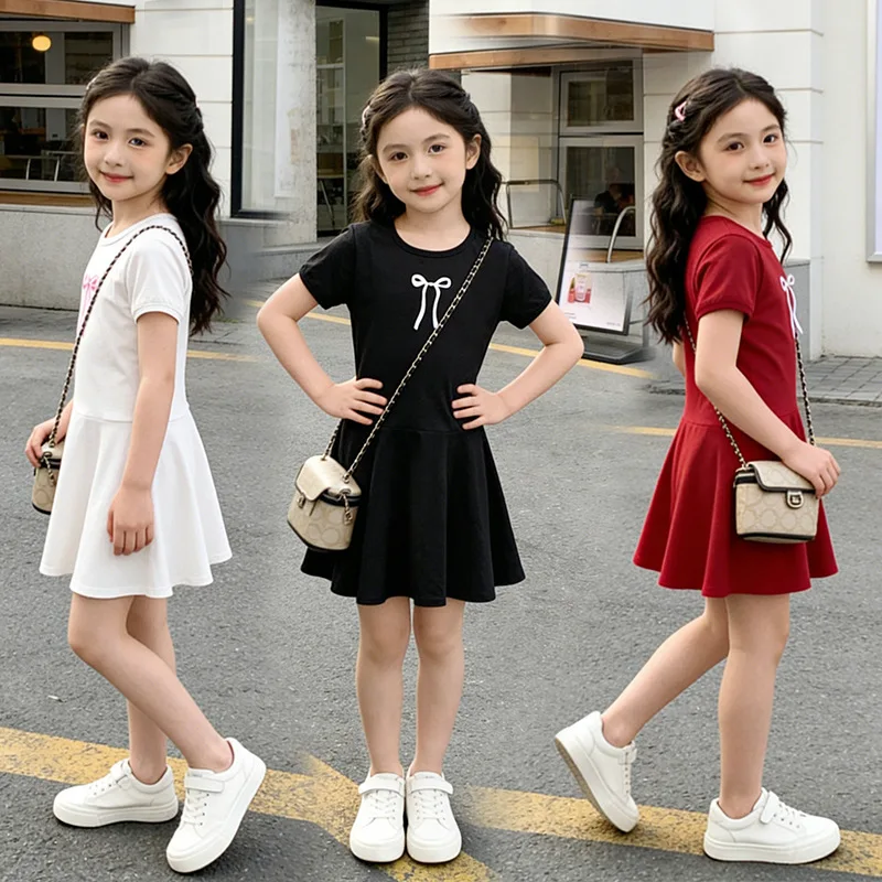 2026 new teenager Summer Kids girls bow SHORT SLEEVE Fitted Dresses Formal Princess Children party A-LINE 4 8 9 6 10 12 13 Years