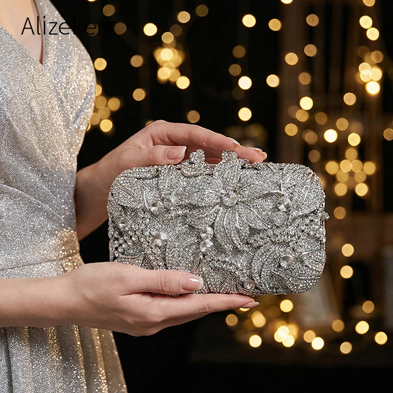 

Alizekerr Flower Crystal Evening Bags Women New Gorgeous Designer Bling Diamond Metal Clutch Purses And Handbags Wedding Party