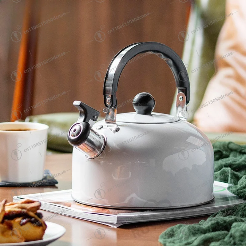 3L White Painted Whistling Water Kettle Flat‑Base Stove Pot For Tea Coffee Household Kitchen Cooking Utensil