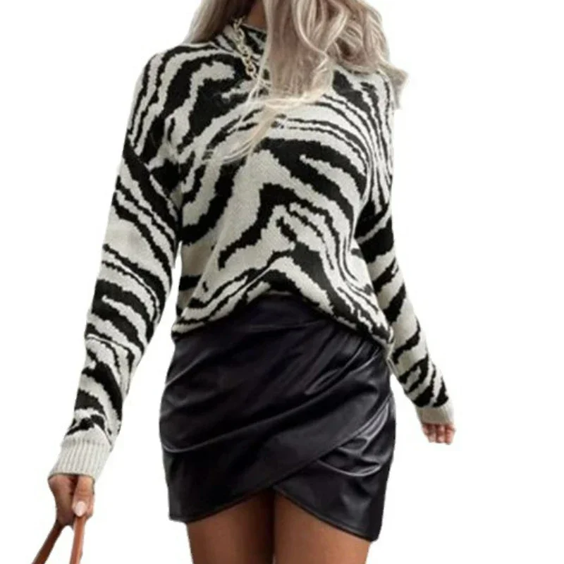 

Zebra Knitted Fashion Round Neck Long Sleeved Warm Loose Sweater Autumn Winter New Street Hippie Clothing for Women