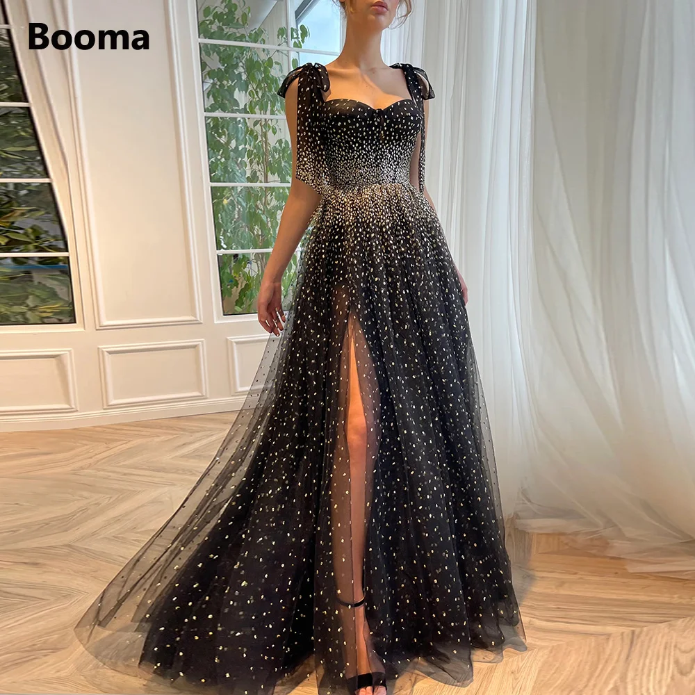 

Booma Black Glitter Tulle A-Line Prom Dresses Sweetheart Bow Straps High Slit Maxi Evening Party Gowns Formal Occasion Dresses