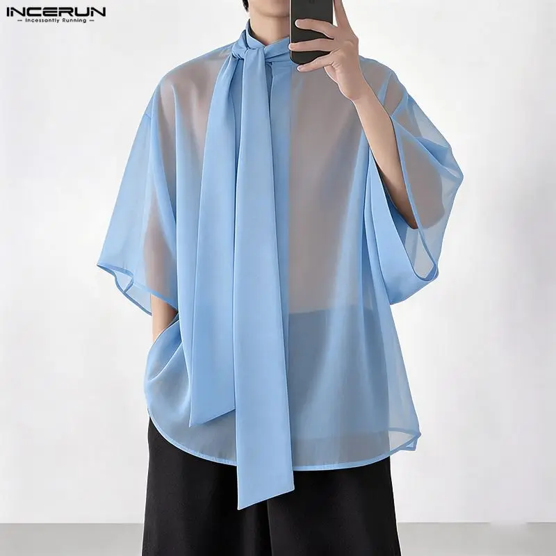 INCERUN Men's Shirt Mesh See Through Solid Color Half Sleeve Men Clothes Loose Streetwear Summer 2026 Fashion Casual Tops Shirts