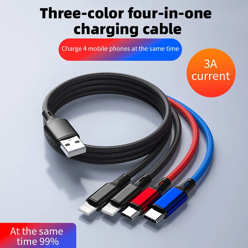 Kabel pengisi daya cepat, mikro USB Tipe C pengisian daya Cepat 3A 4 In 1/ 3 In 1 untuk Iphone 15 14 Xiaomi Huawei USB C