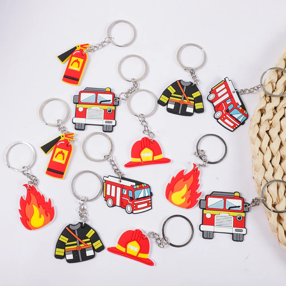 12Pcs Cartoon Firefighter Theme Party Gift Fire Truck PVC Keychains Toy for Kids Birthday Party Favors Pinata Fillers Goodie Bag