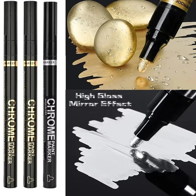 5/1 stücke Chrom Stift Marker Spiegel Wasserdichte Farbe Reparatur Für Rock Keramik Glas Metallic Gold/Silber 2mm Spitze