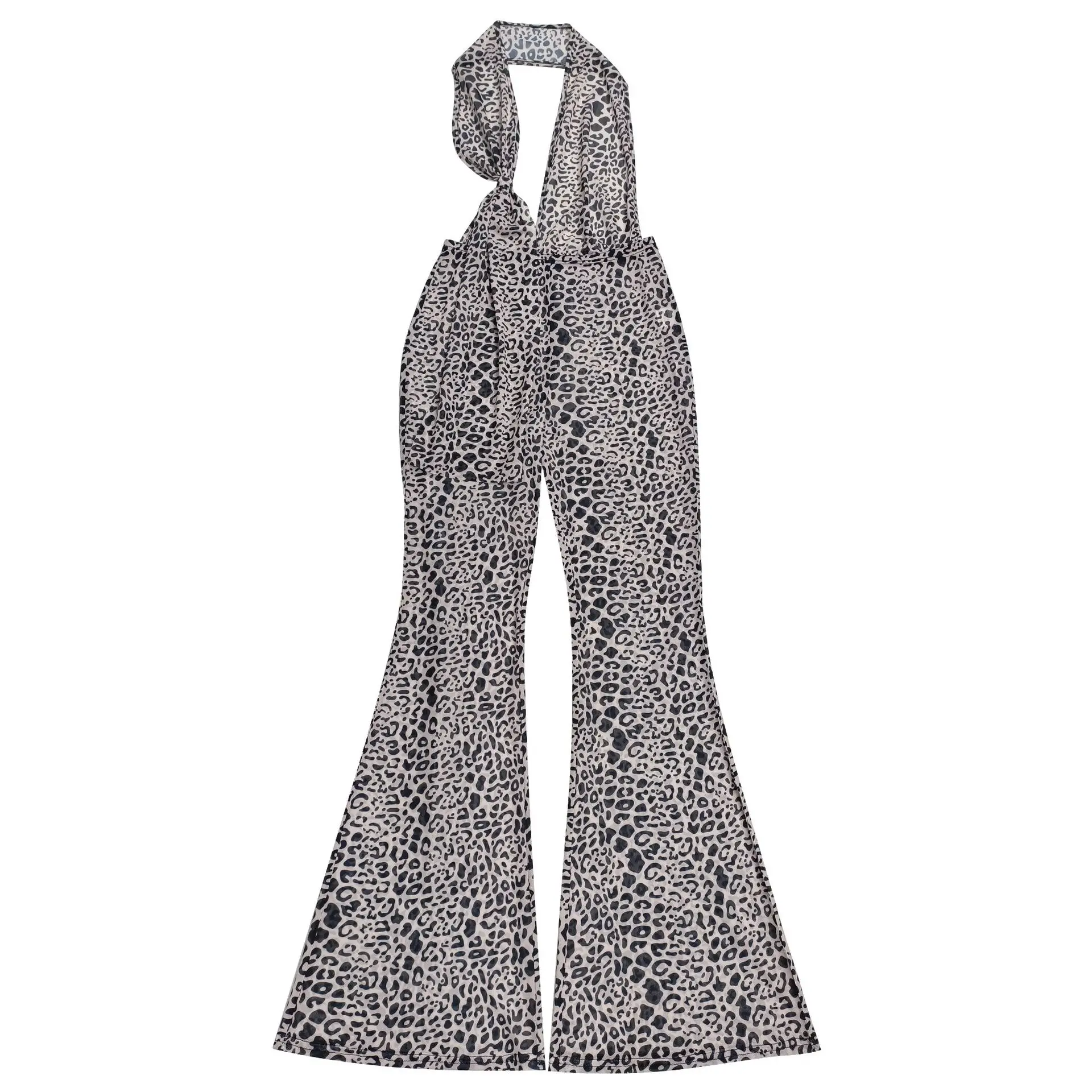 2025 Women's Fashionable and Sexy Hot Girl Hanging Neck Tie Tight Print Leopard Print Backless Hip Lifting Jumpsuit