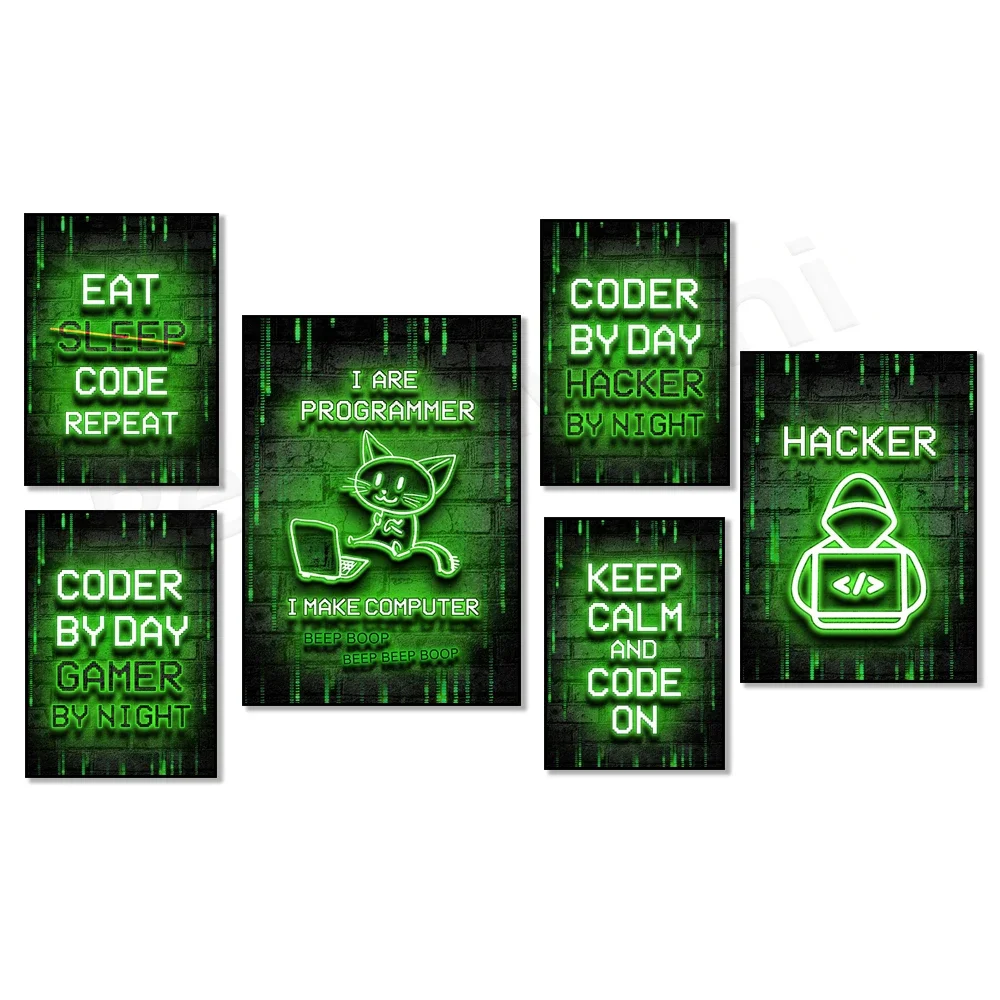 Neon Sign Gamer Hacker Code Programmer Art Canvas Paintings Posters and Prints Wall Art Pictures Gamer for Bedroom Decoration