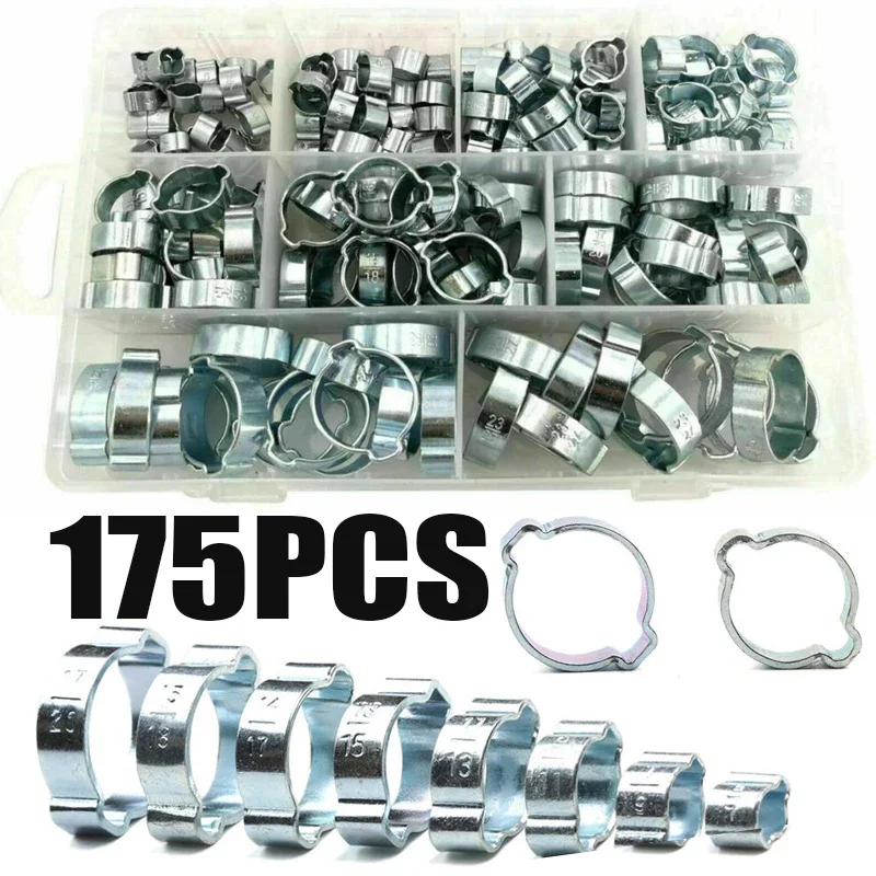 175Pcs 7-27mm Hose Clamp Double Ears Clamp Worm Drive Fuel Water Hose Pipe Clamps Clips Hose Fuel Clamps Kit