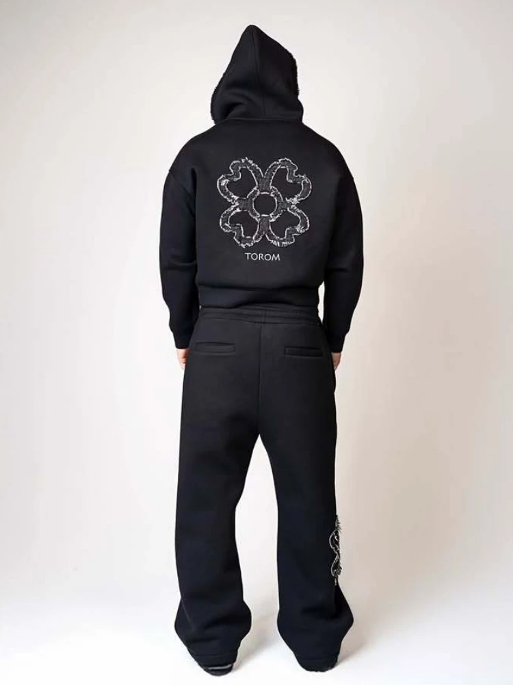 Olivgrünes Street-Style-Hoodie- und Hosen-Set für Herren, lässig, locker, 2-teilig, bestickter Reißverschluss, Sportbekleidung, Mode