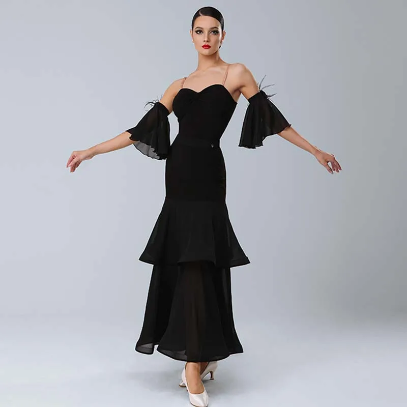 

New Black Ballroom Dance Clothing Pagoda Sleeve Waltz Modern Stage Performance Competition Suit Standard Tango Dance Skirt 633