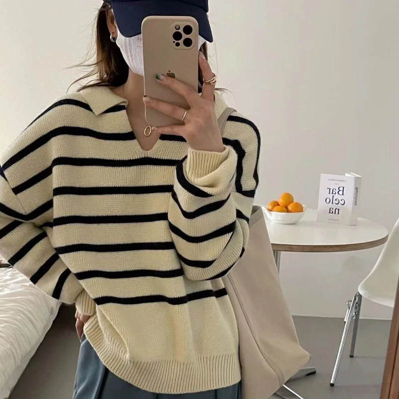 High Collar Sweater Women's Stripe Autumn Winter New Classic Casual Knit Pullover Fashion Student Harajuku Soft Fashion Pullover