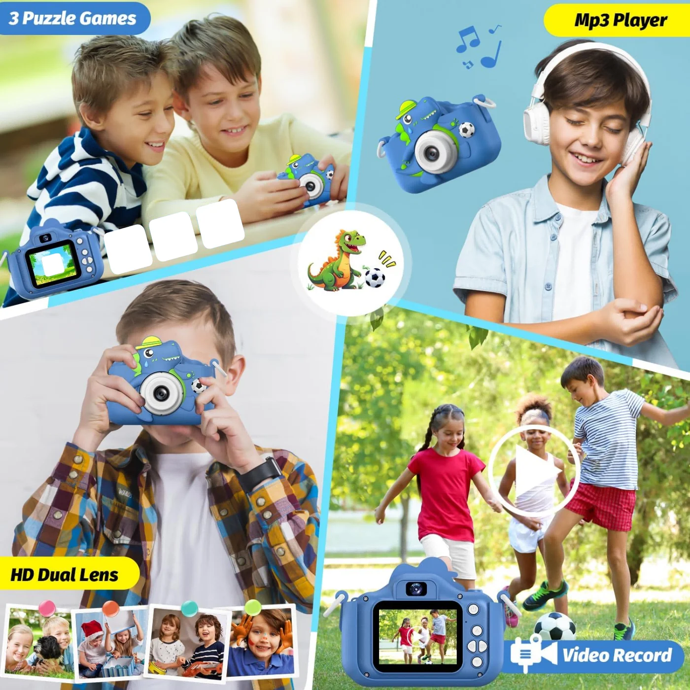 กล้องดิจิตอลสำหรับเด็กพร้อมการ์ด 32G ของเล่นเด็กผู้หญิง 1080P HD หน้าจอการ์ตูนไดโนเสาร์กล้องถ่ายภาพวิดีโอของขวัญวันเกิดคริสต์มาส